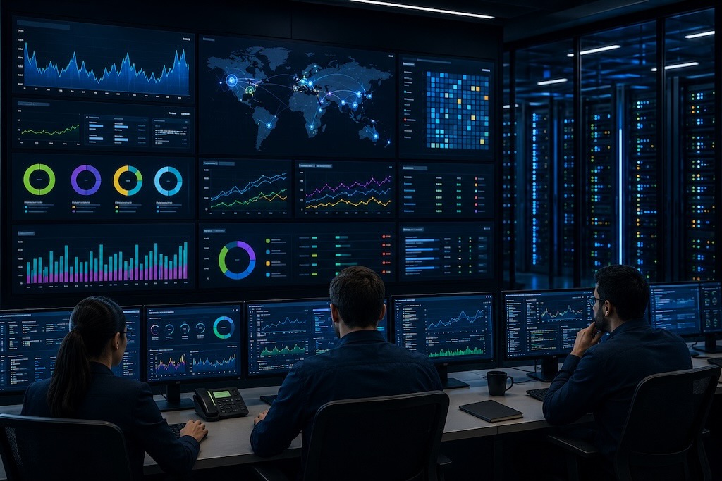 Infrastructure monitoring operations center with engineers watching real-time metric dashboards across server racks