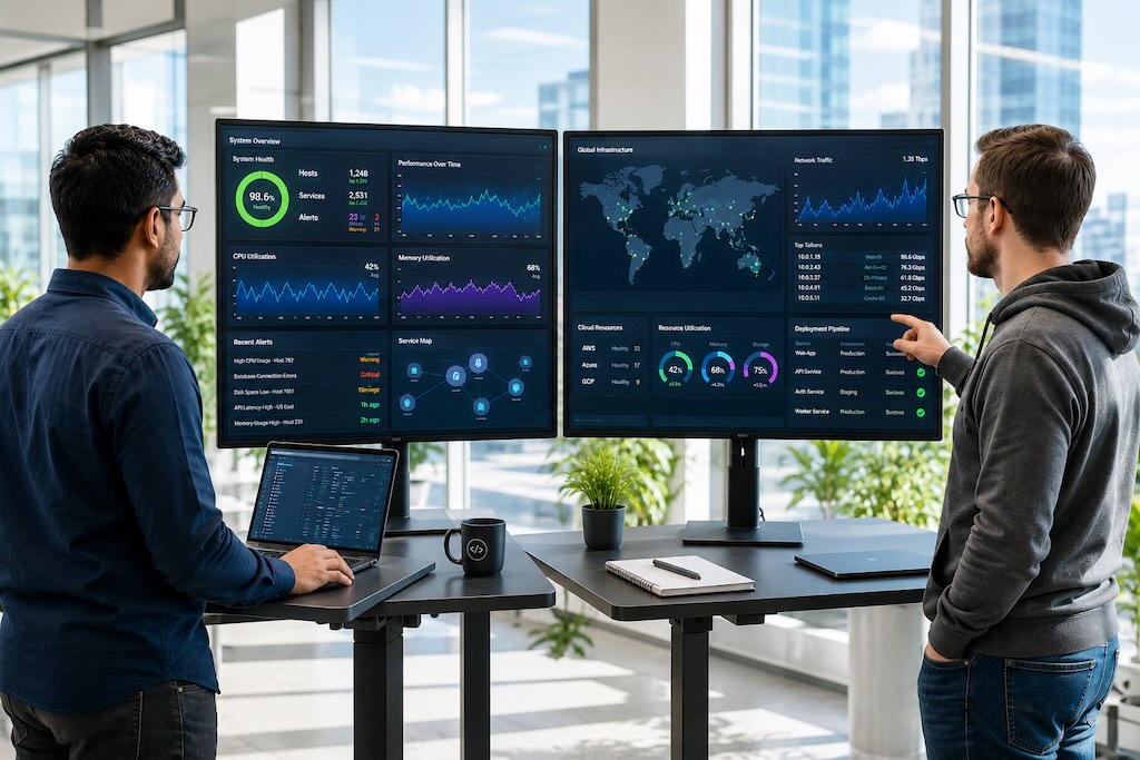 Two IT engineers at standing desks reviewing infrastructure dashboards on large monitors in a modern office