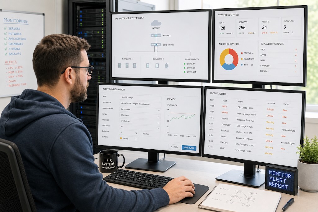 IT administrator configuring server monitoring alerts at a workstation with multiple screens showing infrastructure topology